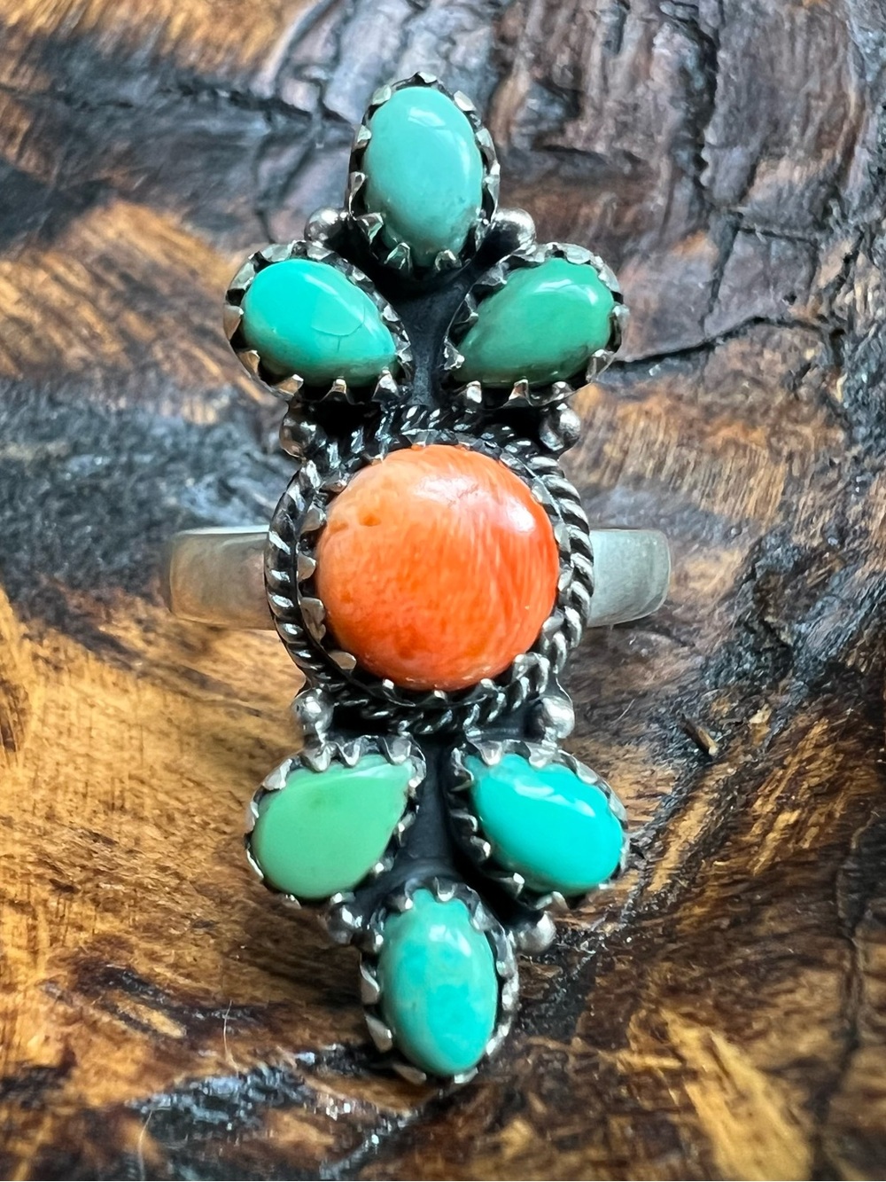Sterling Silver Spiny Oyster Turquoise Cluster Ring Adjustable Size 9